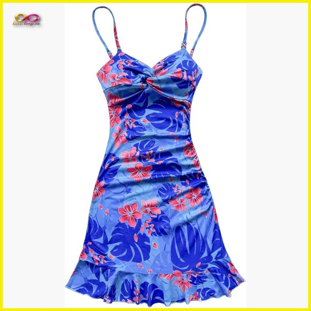 Tropical Print Bodycon Cami Dress Ruched Twist Front Ruffle Hem Summer